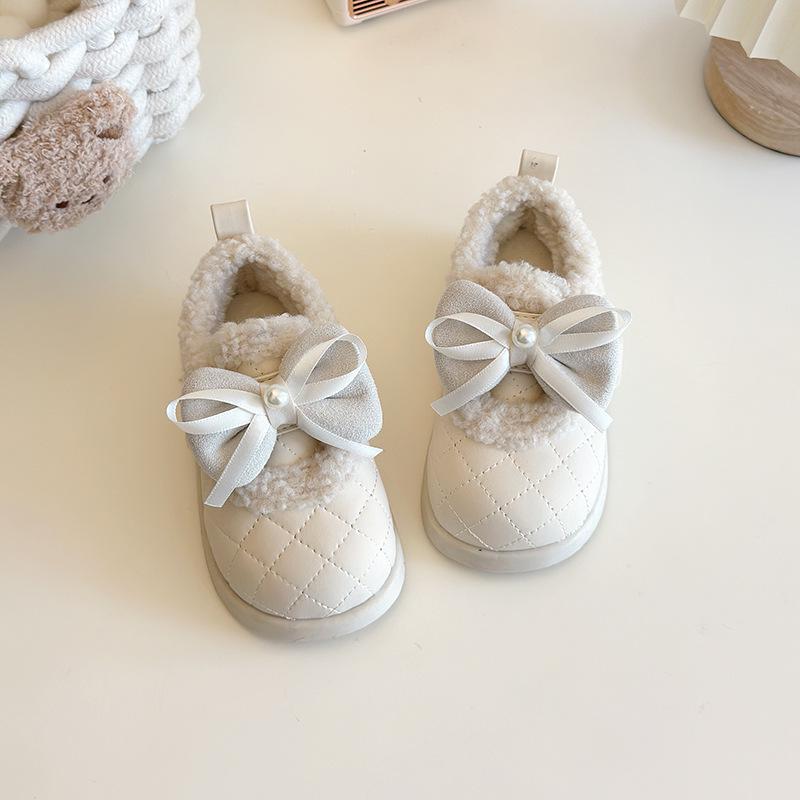 Girls' Winter Cotton Loafers with Bows - Cozy Low-Top Furry Shoes for Toddlers and Kids