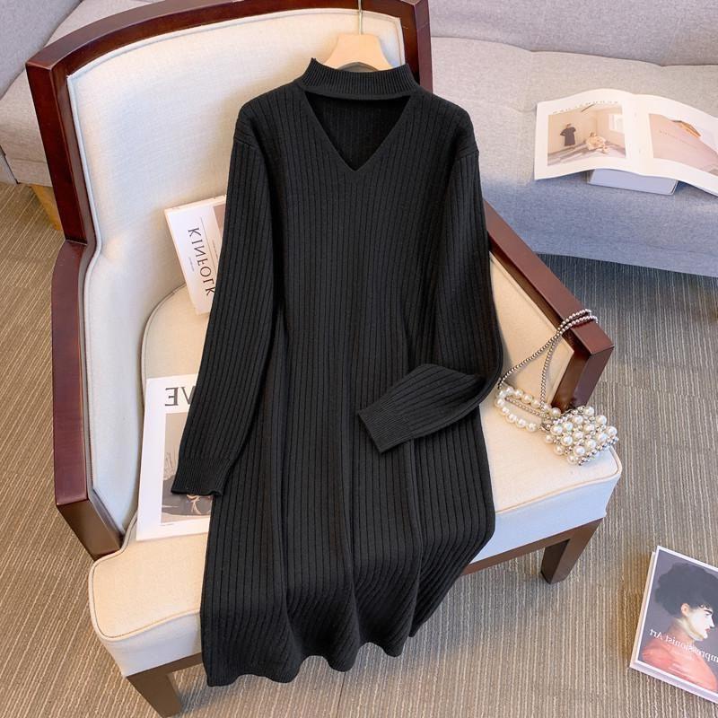 Übergröße Gestricktes V-Ausschnitt Langkleid - Koreanische Mode, Herbst/Winter, Lockere Passform, 3XL