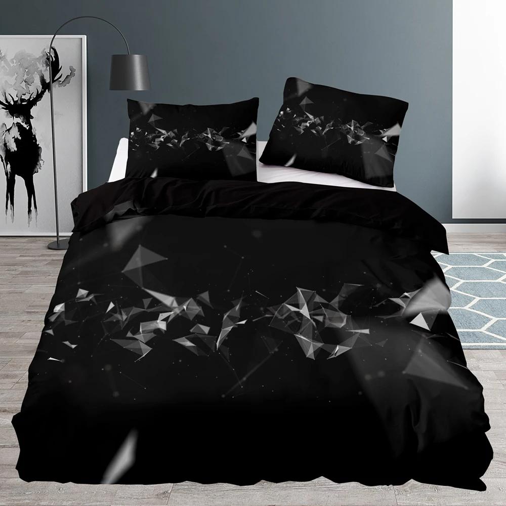 Svart påslakan Queen Size, Sovrum Abstrakt Blått Geometriskt Mönster Täcke 220x240 Med Örngott Sängkläder Set