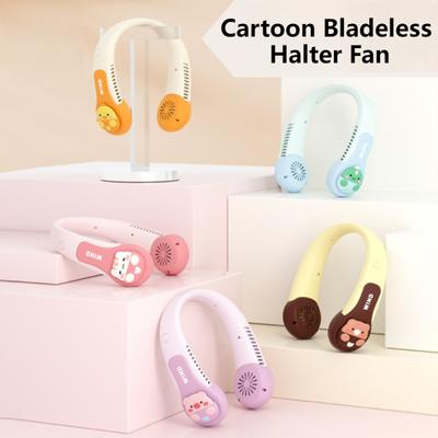 Neck Fan Cartoon Long Endurance Bladeless Neck Fan USB Rechargeable No Hair Twisting 3-Speed Strong Wind Fan for Kids & Adults