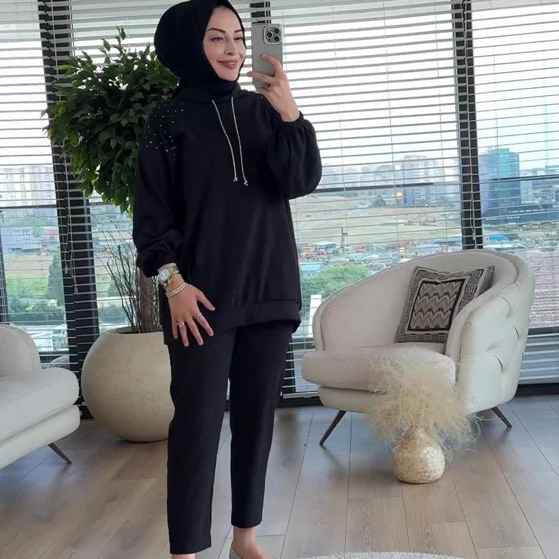 

Женский повседневный худи однотонного цвета с капюшоном и длинные брюки, комплект из двух предметов, осень 2024 XXXL чёрный