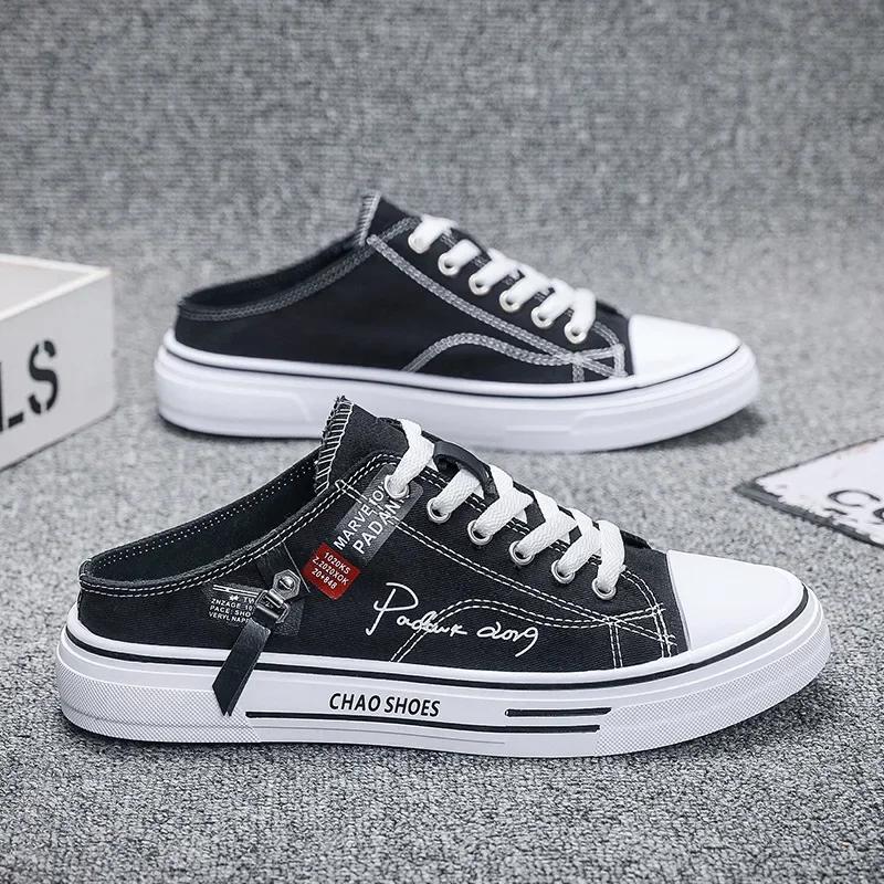 

Дизайнерские мужские полушлепанцы 2025 года, дышащие туфли на плоской подошве, уличная повседневная мужская обувь для ходьбы, легкая спортивная обувь 39 чёрный