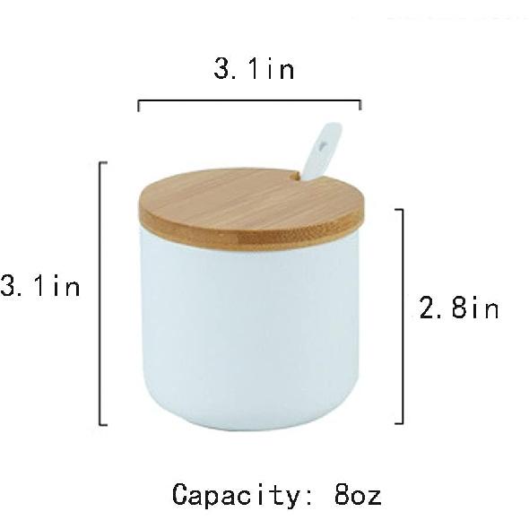 Simple Pure Color Ceramic Spice Jar Seasoning Box Condiment Pot Sugar Bowl with Bamboo Lid and Spoon