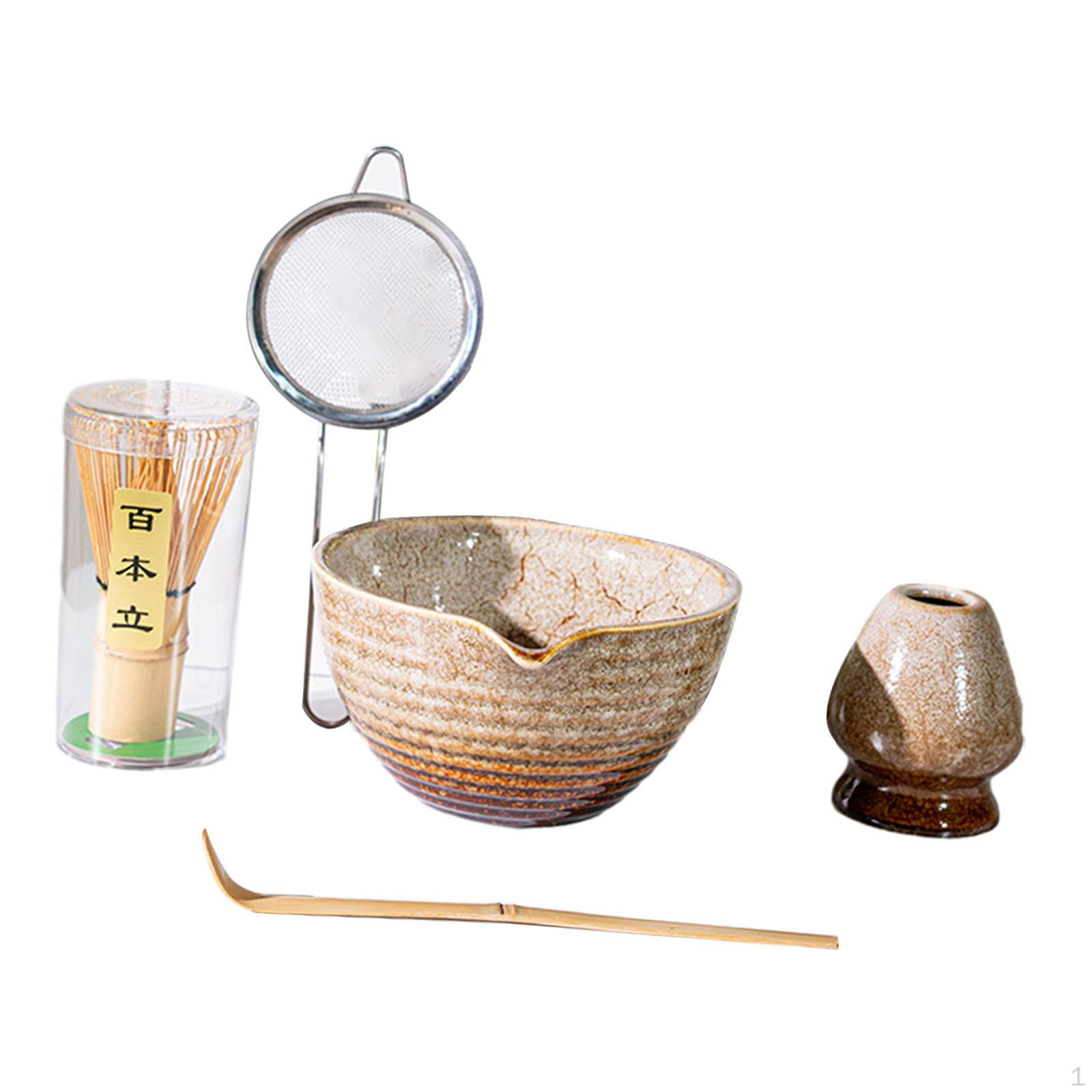 

5 Pieces Matcha Set Bowl with Spout Handmade Whisk Holder Japanese Kit коричневый