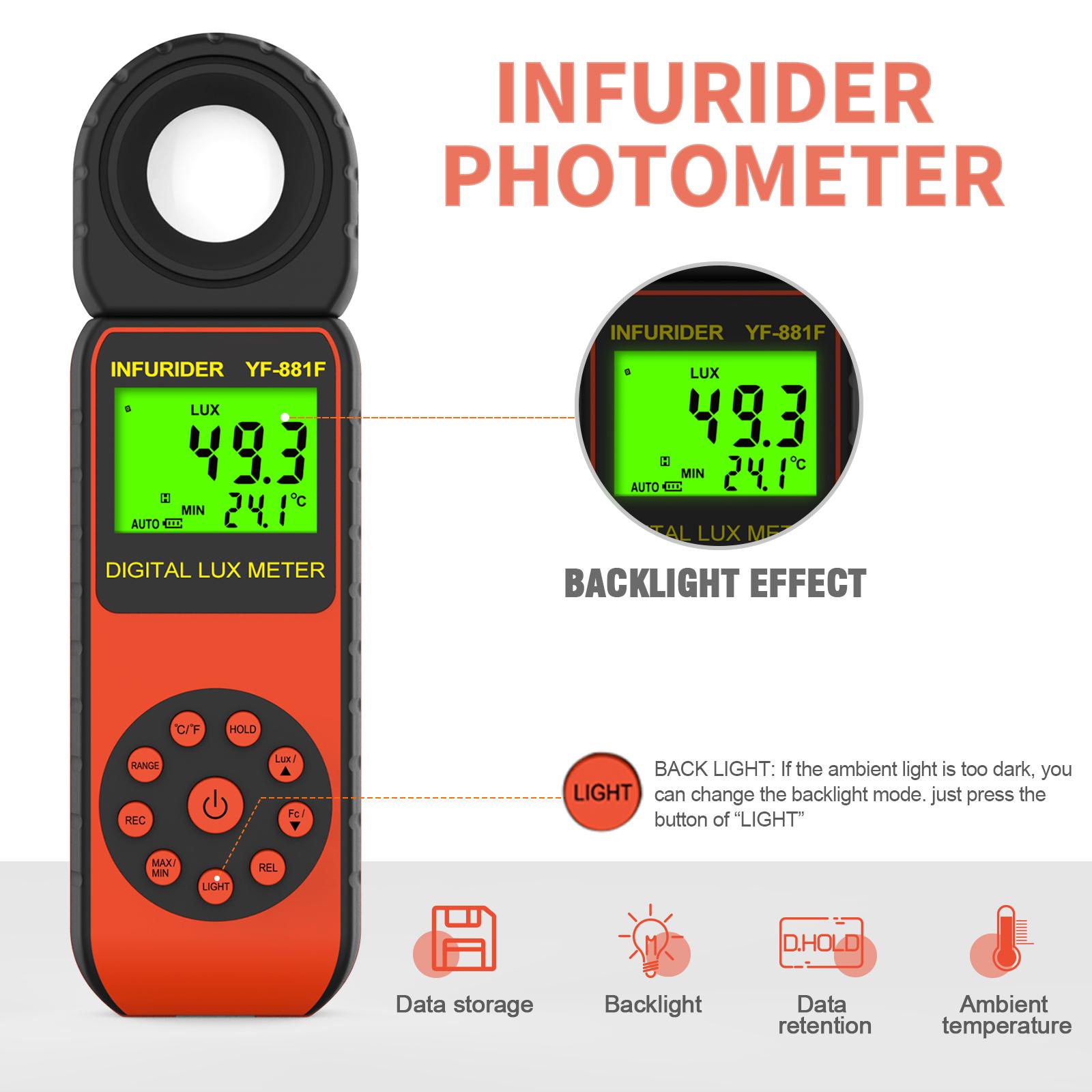 

HP881 Portable Light Meter Auto-Ranging Photometer with Data Hold for Indoor Plants LED Measure and Industrial Construction Use помаранчевий