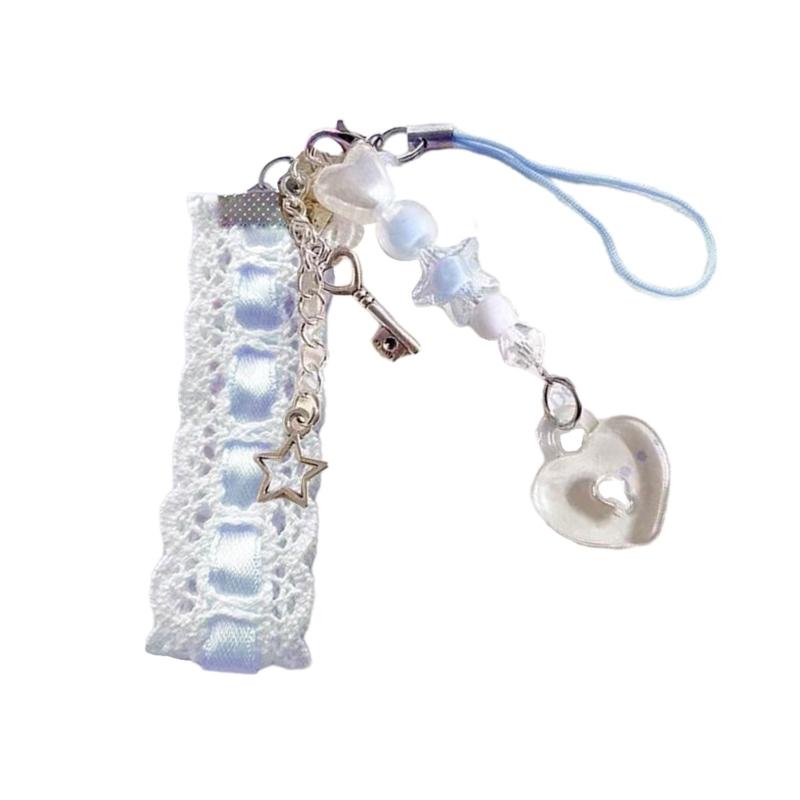 Dainty Lace Ribbon Keyring Cute Heart Pendant Keychain Colorful Beaded Phone Lanyard Multi-Functional Bags Accessories