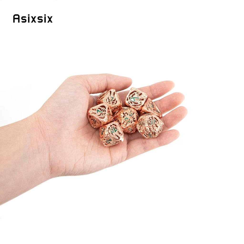 7 Pcs Golden Green Skull Metal Dice Hollow Metal Polyhedral Dice Set Suitable for Role-Playing RPG  Board Game Card Game