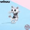 WOSTU 100% 925 Silver Cute Kitty Black Cat Charms Animal Bead for Women Fit DIY Bracelet Necklace Jewelry Gift