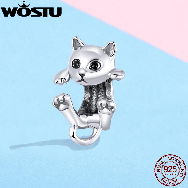 WOSTU 100% 925 Silver Cute Kitty Black Cat Charms Animal Bead for Women Fit DIY Bracelet Necklace Jewelry Gift