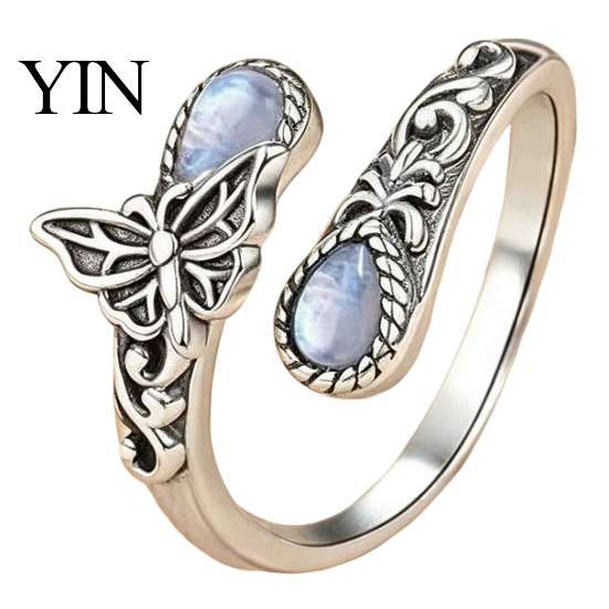 Couple Open Ring Vintage Faux Moonstone Ring, Waterdrop Fake Gemstone Adjustable Women Healing Stone Band Jewelry for Couple,