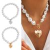 Heart Pendant Necklace Irregular Faux Pearls Clavicle Necklace Bracelet Chunky Choker Necklace Romantic Jewelry Gift for Her