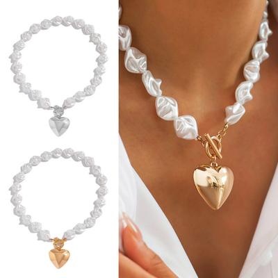 Heart Pendant Necklace Irregular Faux Pearls Clavicle Necklace Bracelet Chunky Choker Necklace Romantic Jewelry Gift for Her