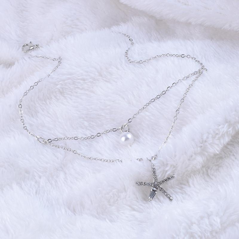 Colar requintado de estrela do mar com duas camadas, gargantilha de liga prateada brilhante, pingente, joia feminina para presente
