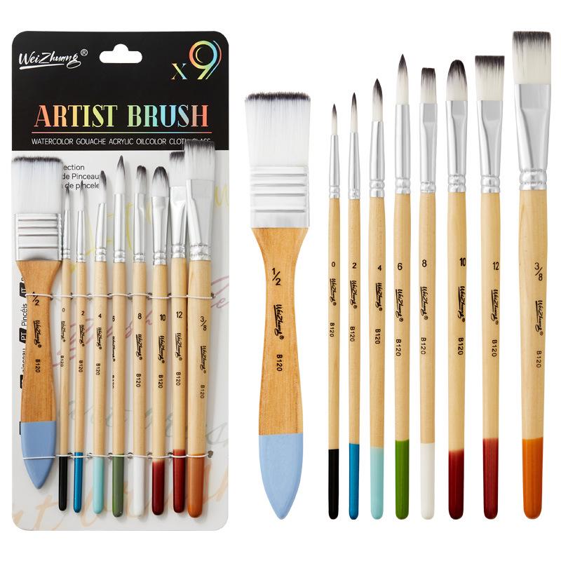 

9-Piece Nylon Oil Painting Brush Set with Wooden Handles for Art Students, Watercolor, and Gouache. 9-piece multifunction brush set