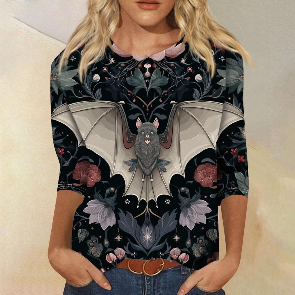 Women's Fashion Casual Round Neck Three-quarter Sleeve Halloween Printed T-shirt Top