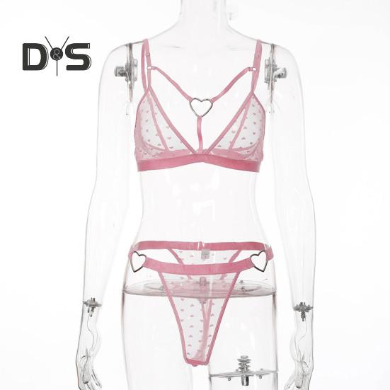 Ensemble soutien-gorge et culotte en dentelle transparente avec broderie en forme de cœur creux, couleur unie, bretelles réglables, taille haute, pour nuit de noces, lune de miel