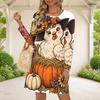 Women Plus Size Round Neck Long Sleeve A Line Flared Dress White Halloween Ghost Pumpkin Printed
