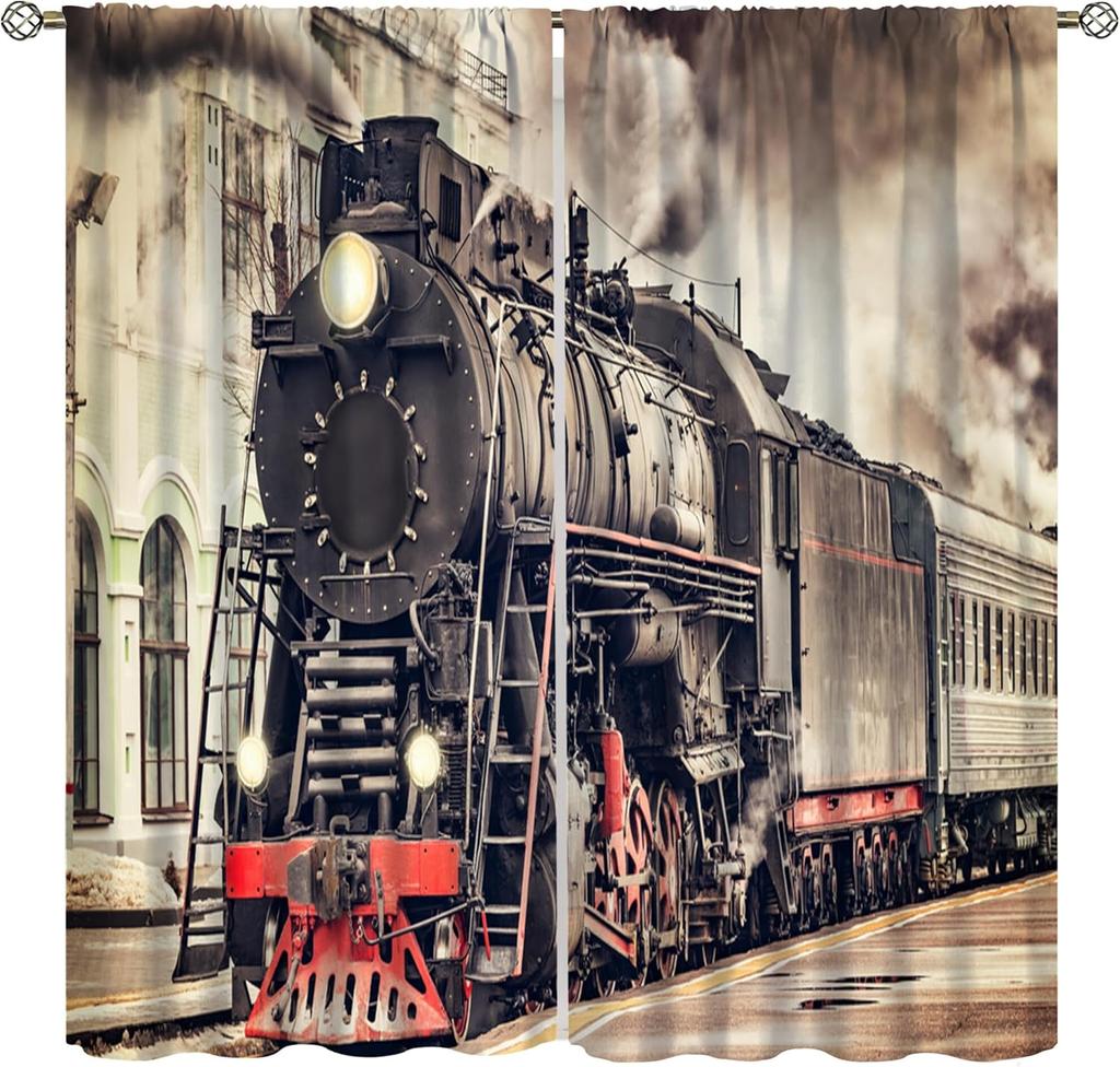 Light Blocking Steam Engine Curtains Old Train Through Country Field Scenery Print Window Treatments Curtain Vintage Polyester With Rod Pocket