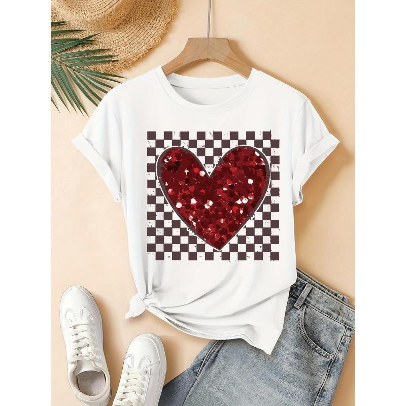 

European Size Sparkling heart Sequin T-Shirt - Summer Short Sleeve Round Neck Blouse, Casual Korean Style Top with Shiny for Parties S белый