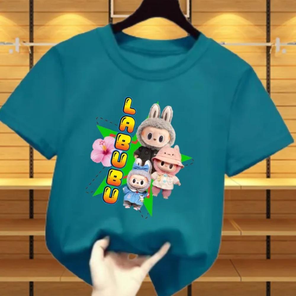 

New Labubu Children s T-shirt Scarf LABUBU and Flower Pattern Girl Round Neck Short Sleeve Casual Versatile Clothing 110