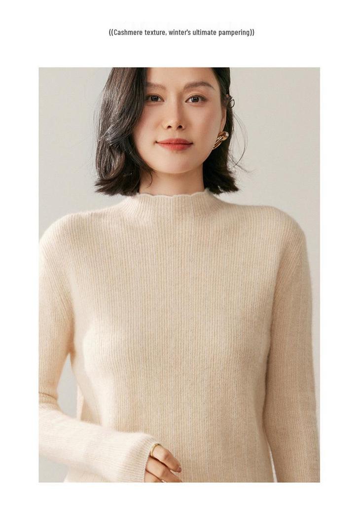 Women's Cashmere Knit Sweater: Retro Slim-Fit, Half-High Collar, Versatile Solid Color for Autumn & Winter.