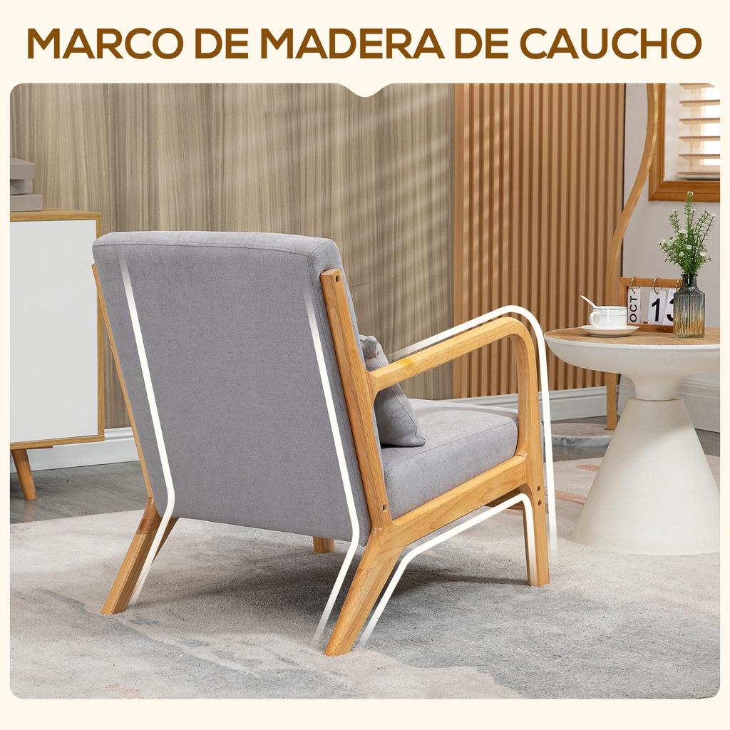 Armchair, Padded Lounge, Armrests, Cushion, Rubberwood Frame, 61 X 78 X 76 Cm, Grey