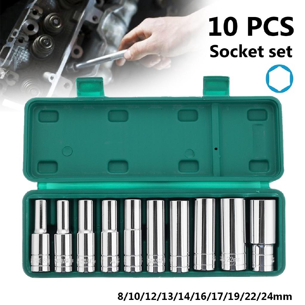 1/2 Inches Chrome Vanadium Deep Sockets Set 8-24mm Drive Impact Socket Set Wrench Adapter Drive Socket Converter Reducer 10Pcs