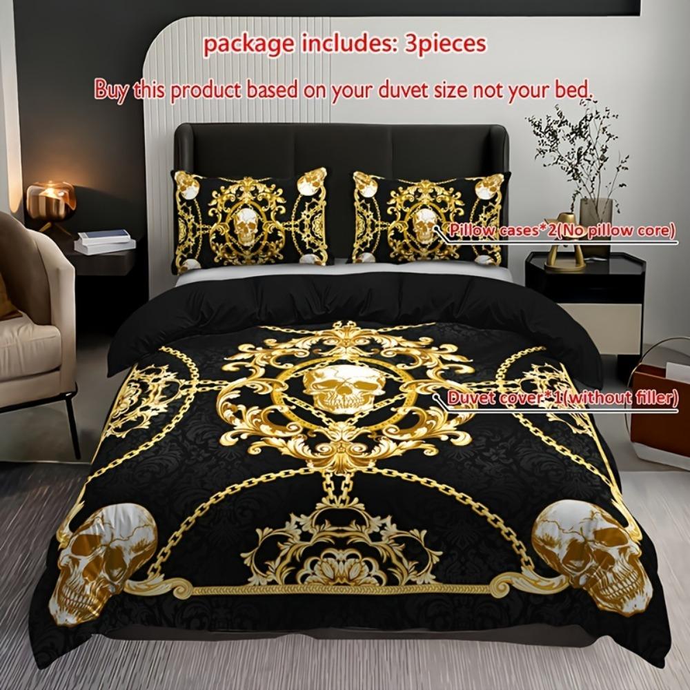 3pcs Black Bedding Set Gothic Style Skull Chain Printed Cozy Soft Duvet Cover King Queen Twin Size Birthday Gift Bedroom Decor