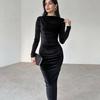 Samt Slim Fit Rundhals Plissee Maxikleid Damen Herbst Winter Temperament Einfarbig Langarm Kleider Abendroben