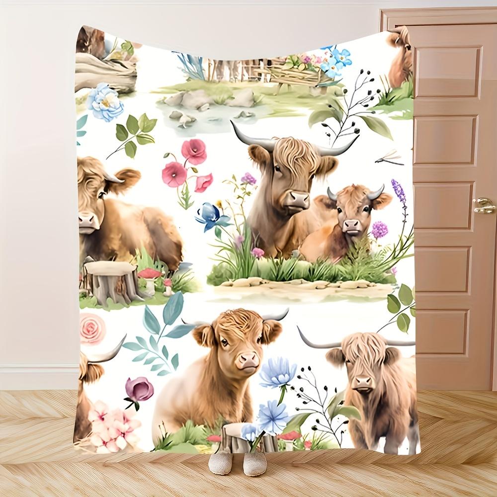 Highland Cattle Wildflowers Flannel Blanket Cozy Rustic Style Tear Resistant All Seasons Machine Washable Living Room Bedroom
