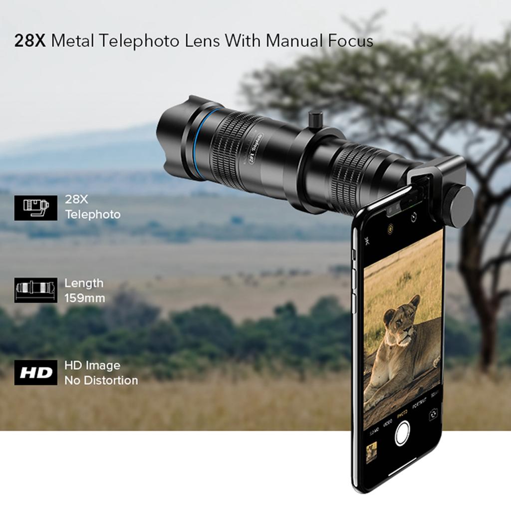 HD 28X Metalowy Jednotubusowy Teleskop Soczewka Telefoto do Telefonu z Ręcznym Ogniskowaniem do Podróży Wydarzeń Sportowych Koncertów Ptaków