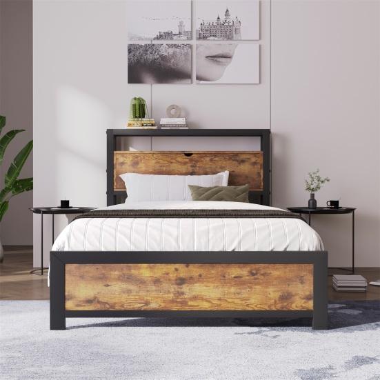 Platform Bed Metal with Storage Headboard Strong Load Bearing Adult Single Slats Frames Home Furniture Space Head