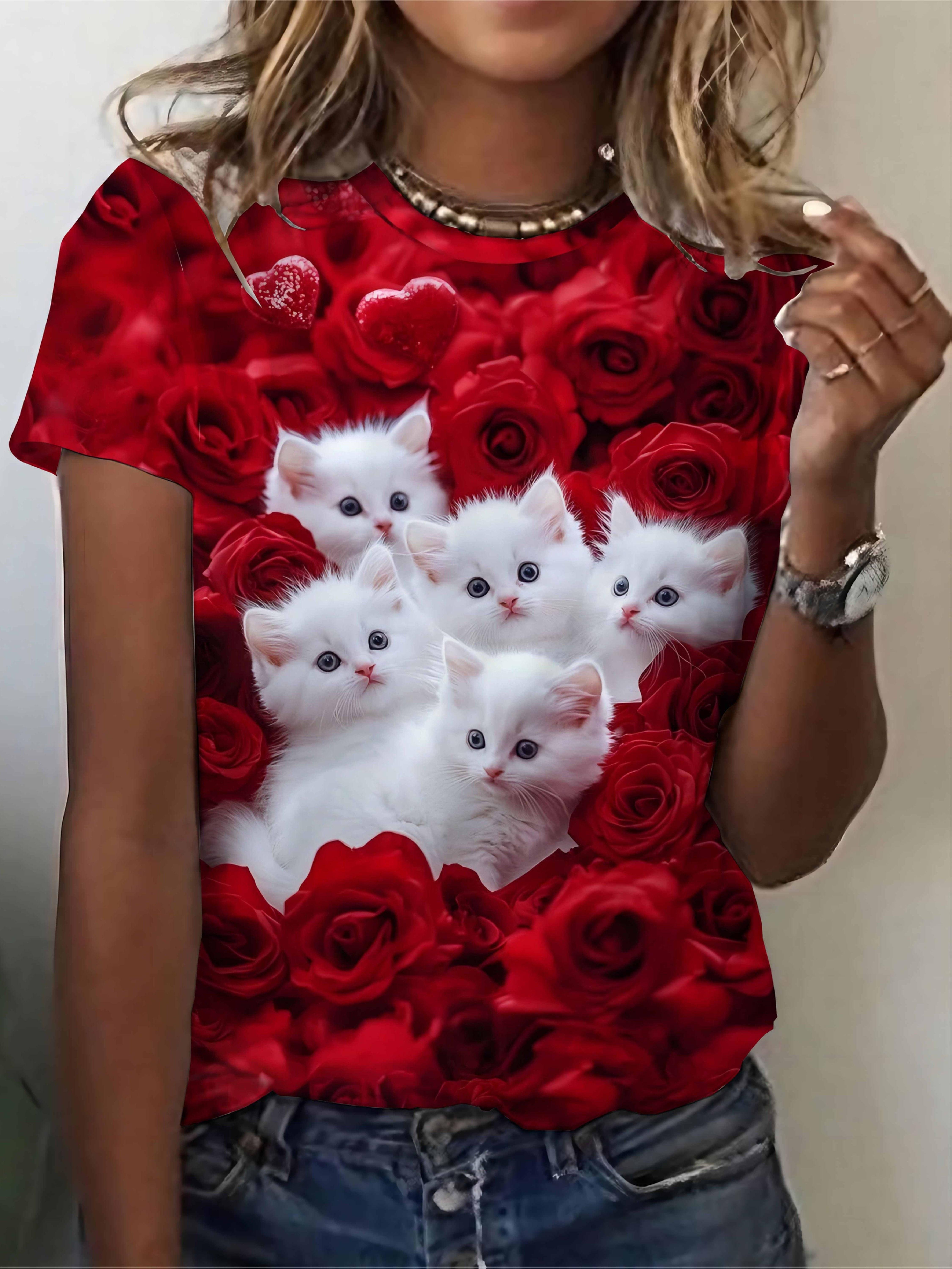 

[Printed Design-Not Textured][Printed Design-NotTextured] Women s White T-with Cat and Red Rose. Featuring 5 Cute Tabby and Tuxedo Cats- Round Neck. S 2XL дубильна кора