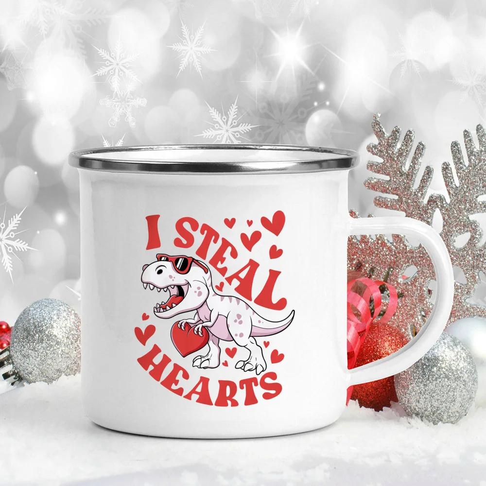 Love Heart Printed Camping Mug Valentine Party Juice Milk Cup Coffee Cups Enamel Mugs Valentine's Day Gifts for Family Friends