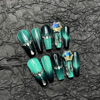 HANDMADE Artificial Nail Long Green Cat's Eye Diamond Pendant Phototherapy Nails Fake Nails Reusable and Removable Nails