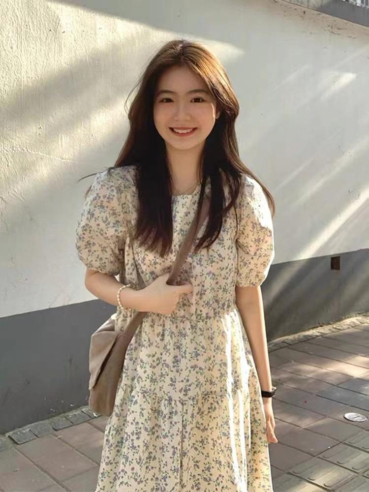 New summer women's clothing coffee break Platycodon French floral dress women's spring chic long skirt