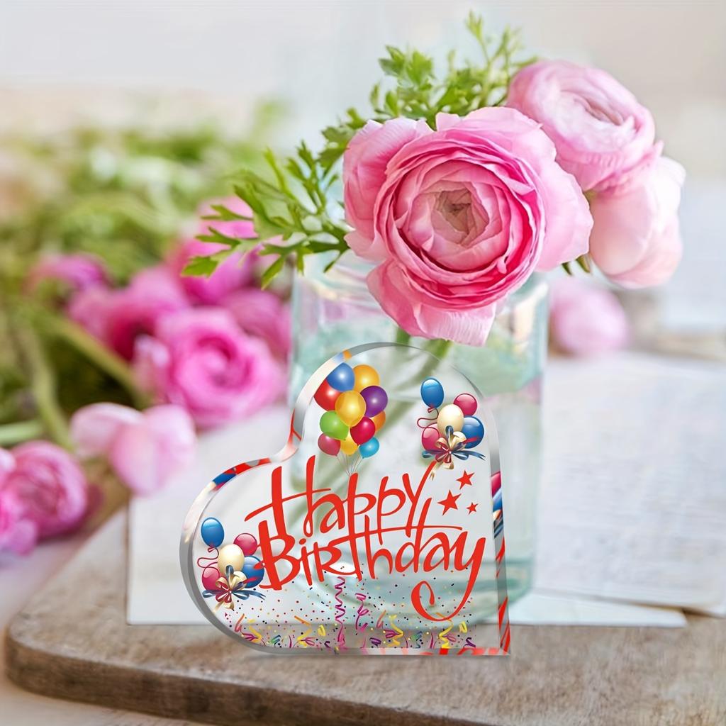 1pc Heart-Shaped Acrylic Birthday Plaque with Balloons & Confetti - Happy Birthday Cursive Lettering, Clear Decorative Centerpiece for Home Decor 