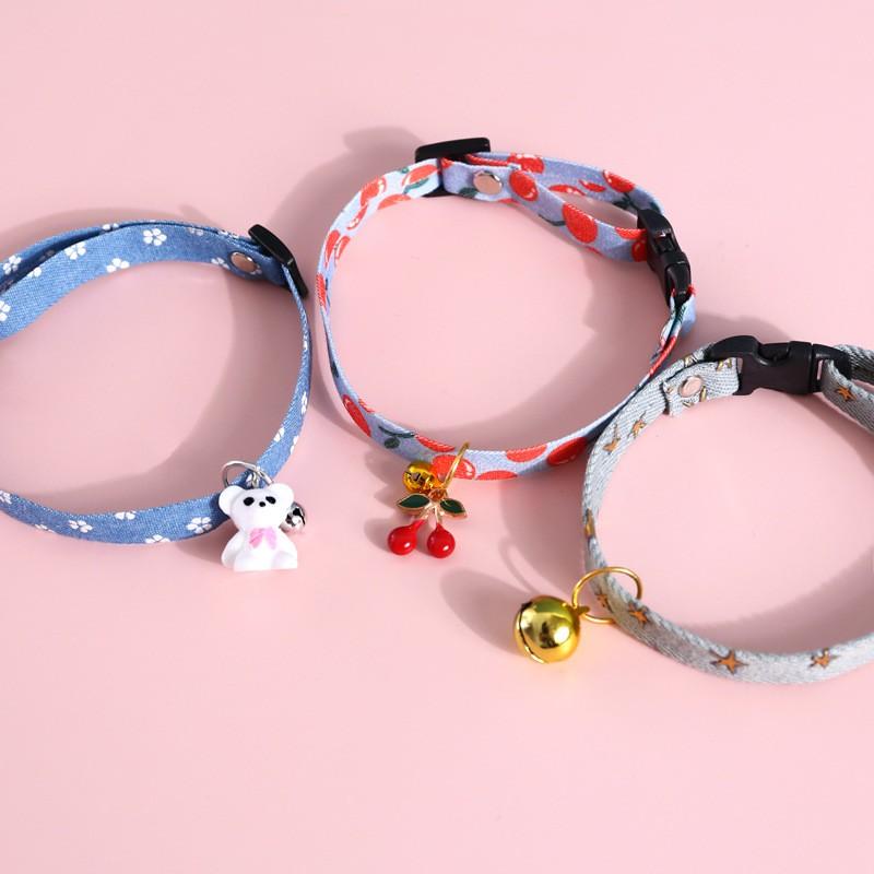 Adjustable Denim Pet Collar With Embossed Star Cherry Bear Pendant Bell Cats Dogs