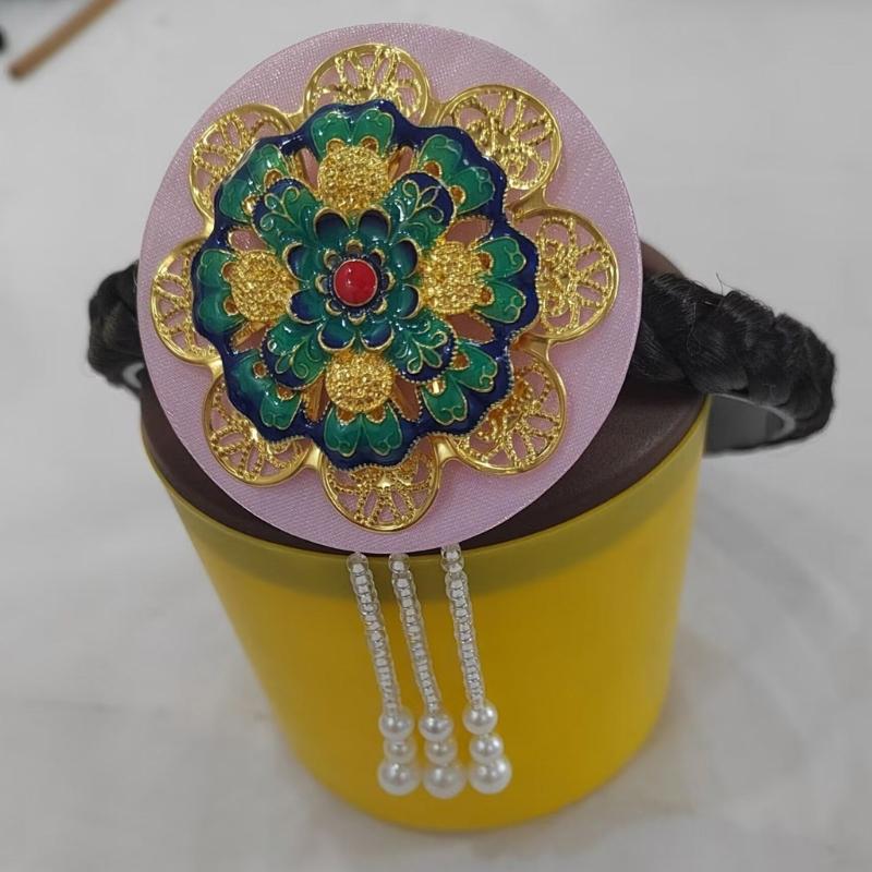 Traditional Korean Hanbok Headband for Women and Girls Blue Glaze and Faux Pearls Hair Hoop Stage Dance Hair Accessory