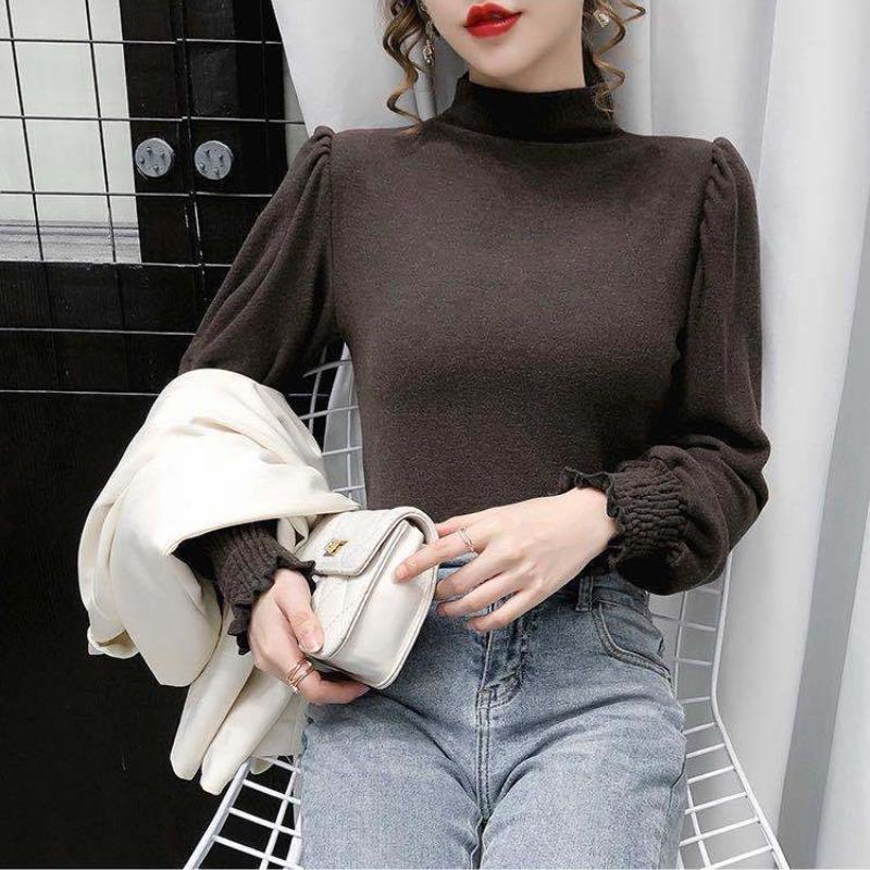 Velvet Bottoming Shirt Women's Spring Autumn Winter New Long Sleeve Solid Color Half High Neck T-shirt