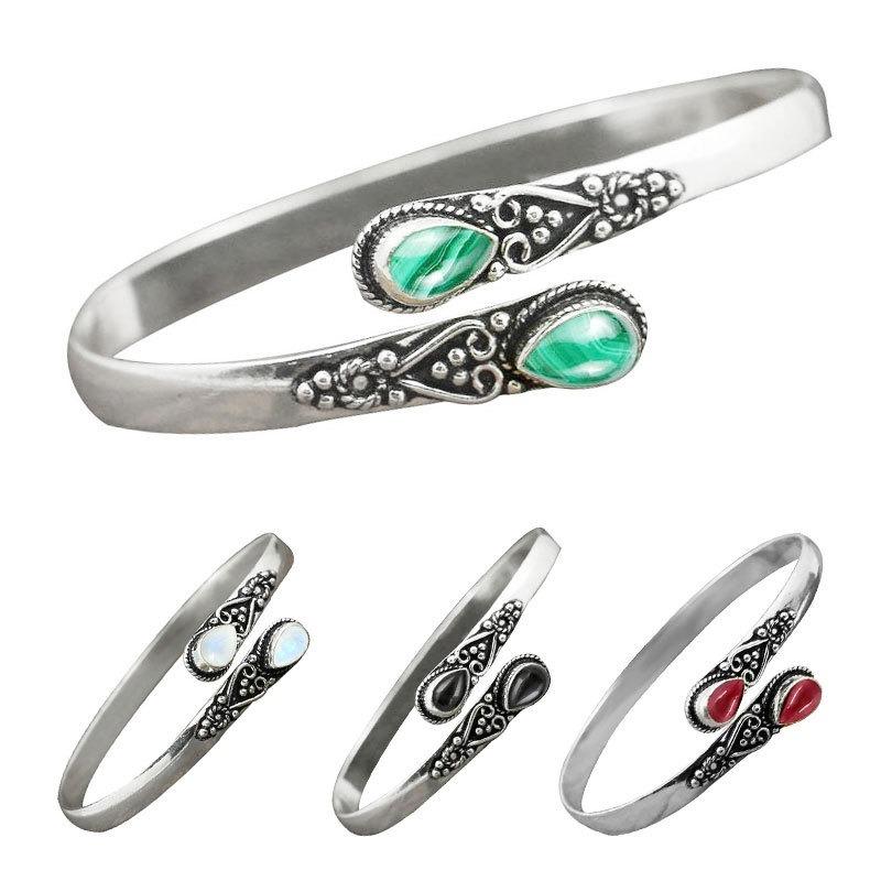 Vintage Ethnic Style Inlaid Imitation Natural Stone Bracelet Elegant Open Adjustable Bracelet Women Party Jewelry