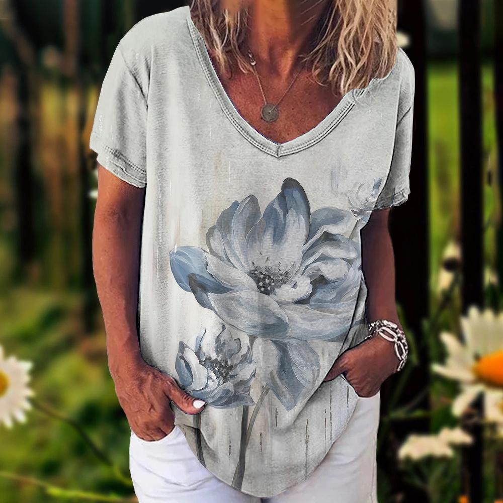 2023 New Women's T-Shirt Summer Vintage Floral Tops Casual Daily V Neck Blouse Fashion Women Oversized Pullover Lady Clothing