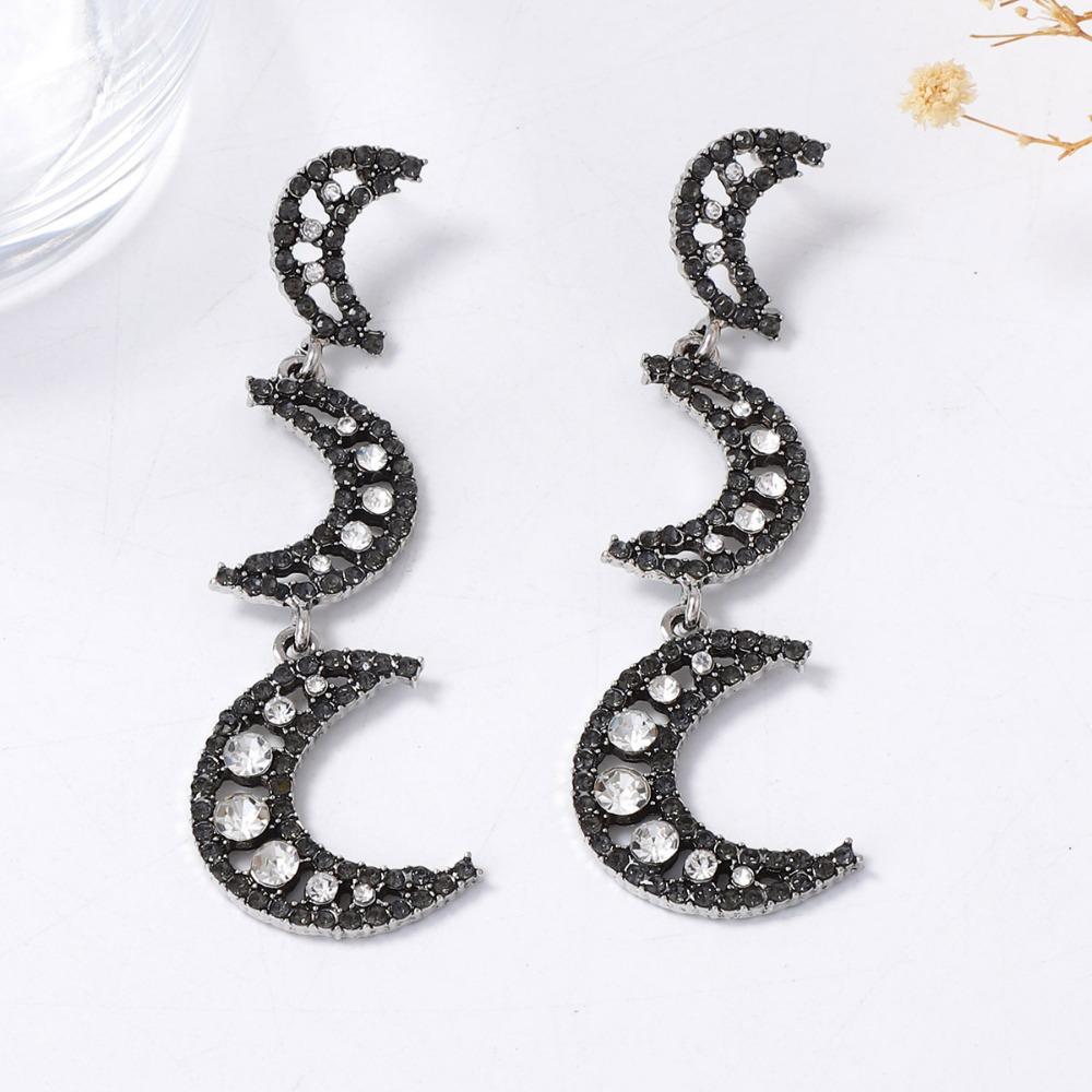 New Exaggerated Personality Shiny Inlay Zircon Hollow Out Moon Splicing Long Dangle Earrings for Women Retro Temperament Jewelry