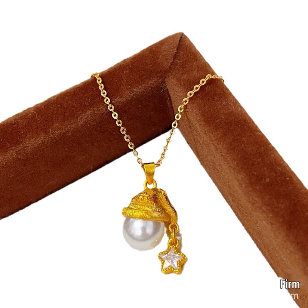 

Xiaohongshu Brushed Gold Christmas Hat Pendant with Sparkling Star and Pearl Necklace - Women s Autumn/Winter Fashion Brushed Star Hat Necklace [O Chain]