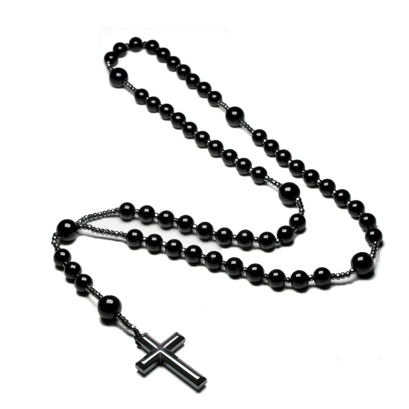 Natural Black Onyx Beads Catholic Christ Rosary Necklaces Hematite Cross Pendant Men Necklace Meditation Mala Jewelry