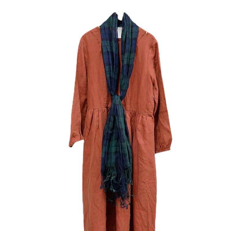 Breathable 100% Linen Scarves Green Plaid Retro Linen Scarf Women's Artistic Versatility Spring and Summer Shawls and Scarves