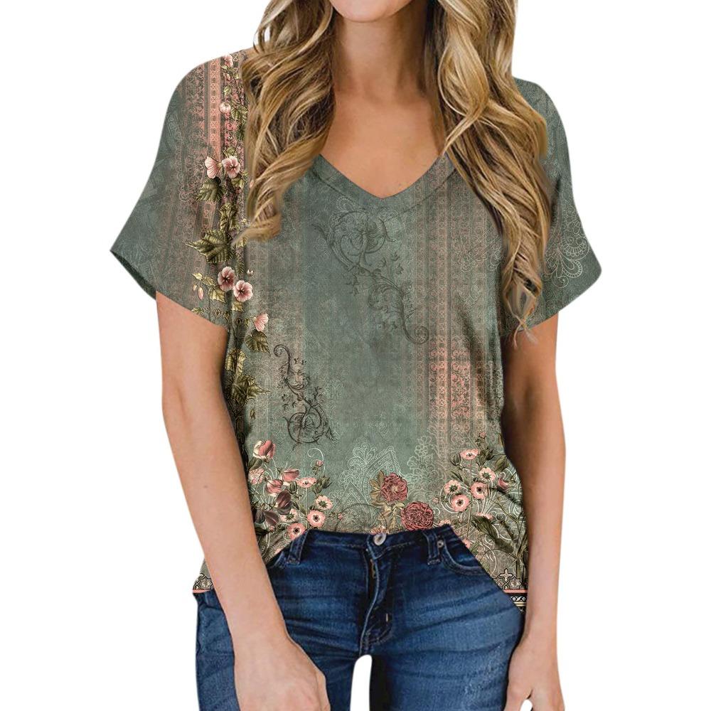 Women's Summer Casual T-shirt 2025 Fashion Retro Printing Harajuku Blouse T-shirt Street Short-sleeved V-neck Blouse