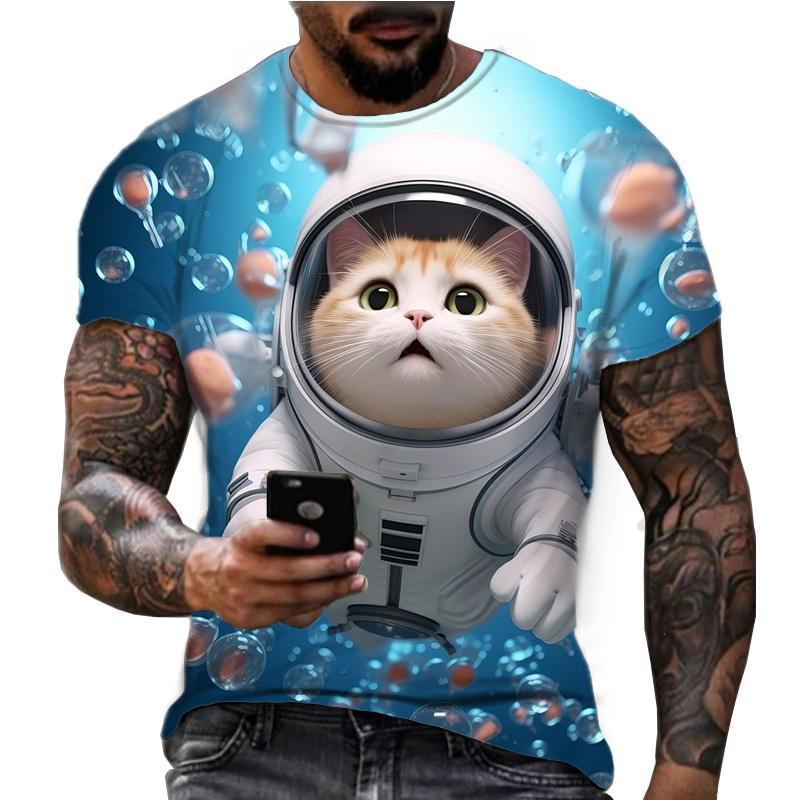 Sommer Rundhals Cooles Astronauten Katze Muster 3D Druck Top Modische Lässige Kurzarm Herren T-Shirts