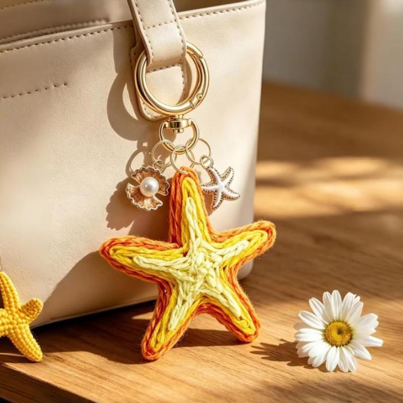 Handwoven Cherry And Starfish Pendant Women'S Beach Bag Decor Keyring Vacation Bohemian Keychain Jewelry Accessories