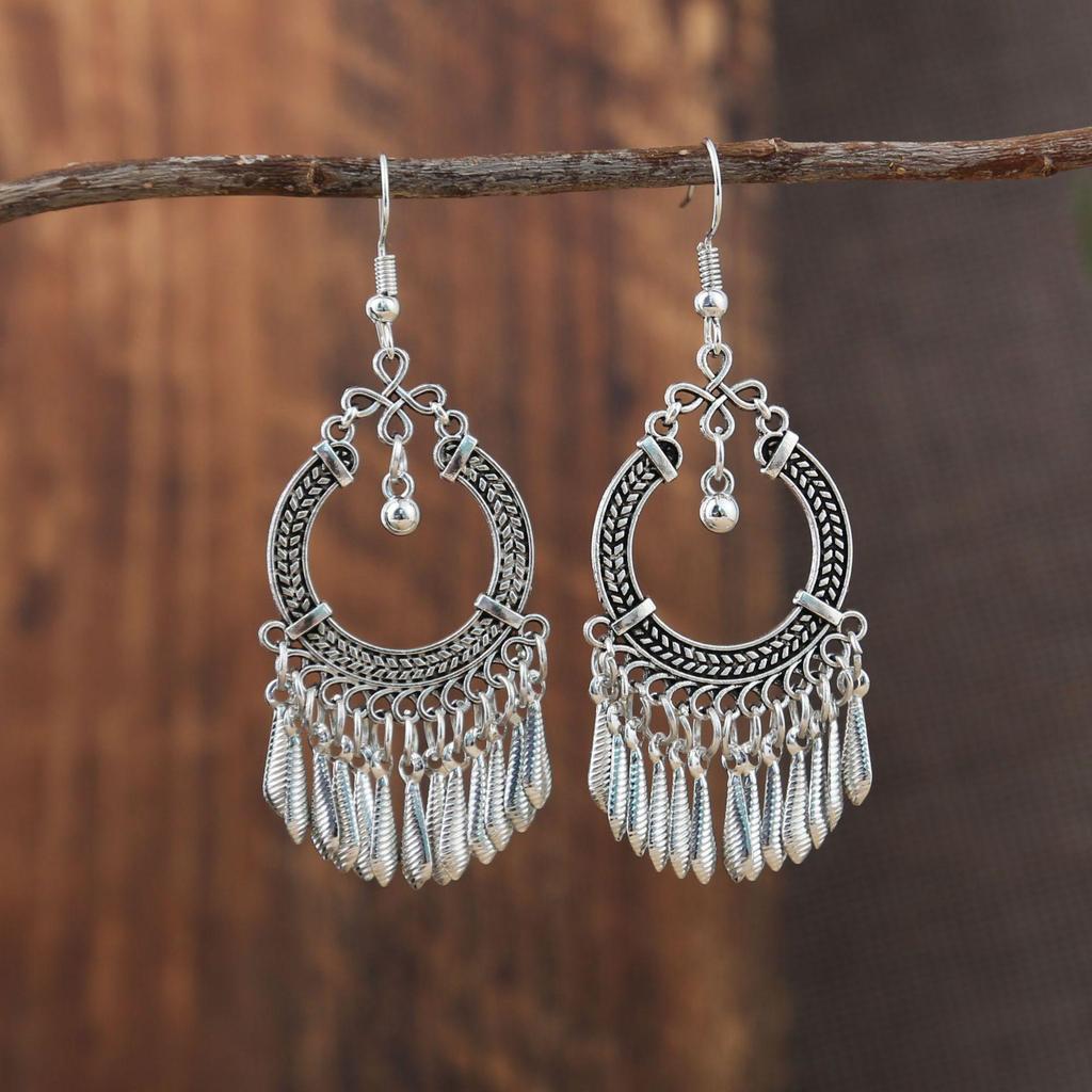 Ethnic Peacock Tassel Earrings with Hollow Leaf & Butterfly Design